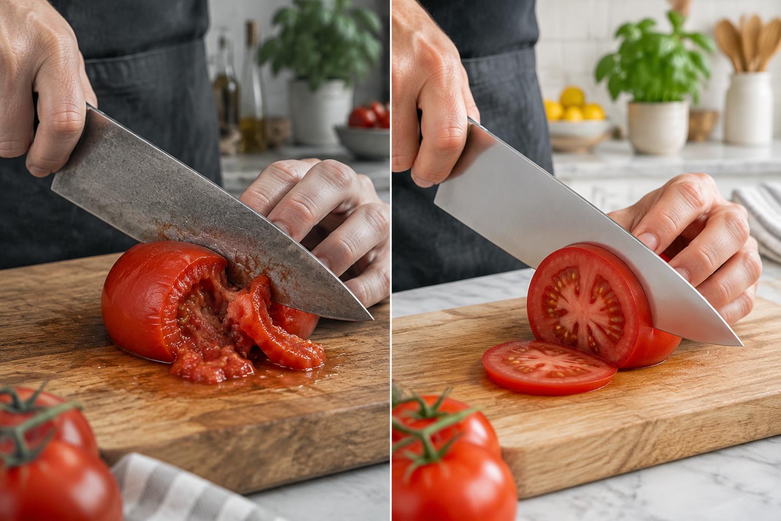 Før og efter: en sløv kniv moser en tomat, mens den samme kniv efter slibning med KireSharp Pro skærer rene, tynde skiver